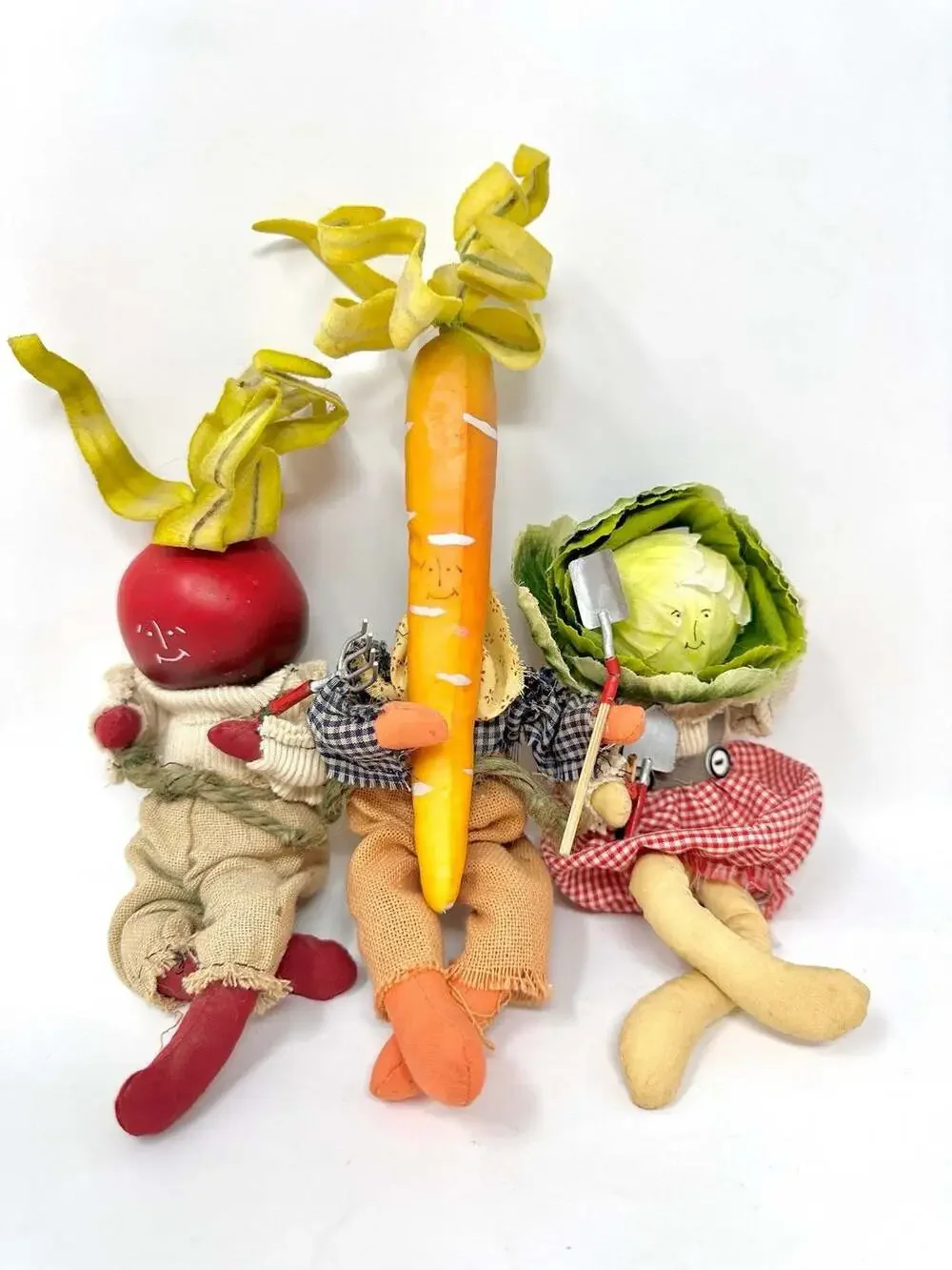 Vegetable Folk Art Dolls Set Radish Carrot & Cabbage Vtg Anthropomorphic Veggies